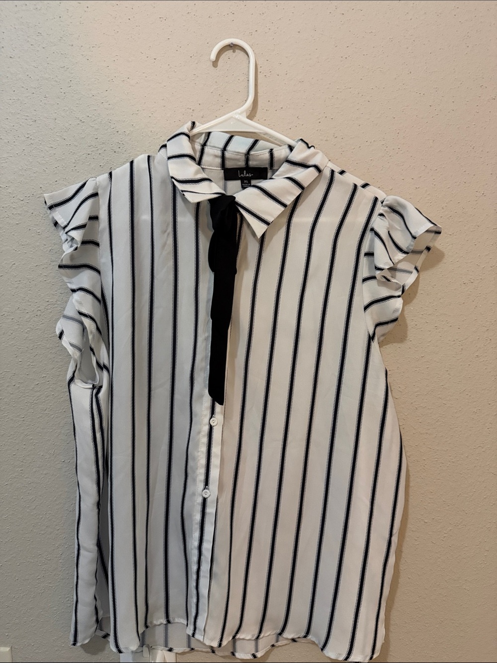 Lulu's White Striped Button-Up Blouse with Black Tie